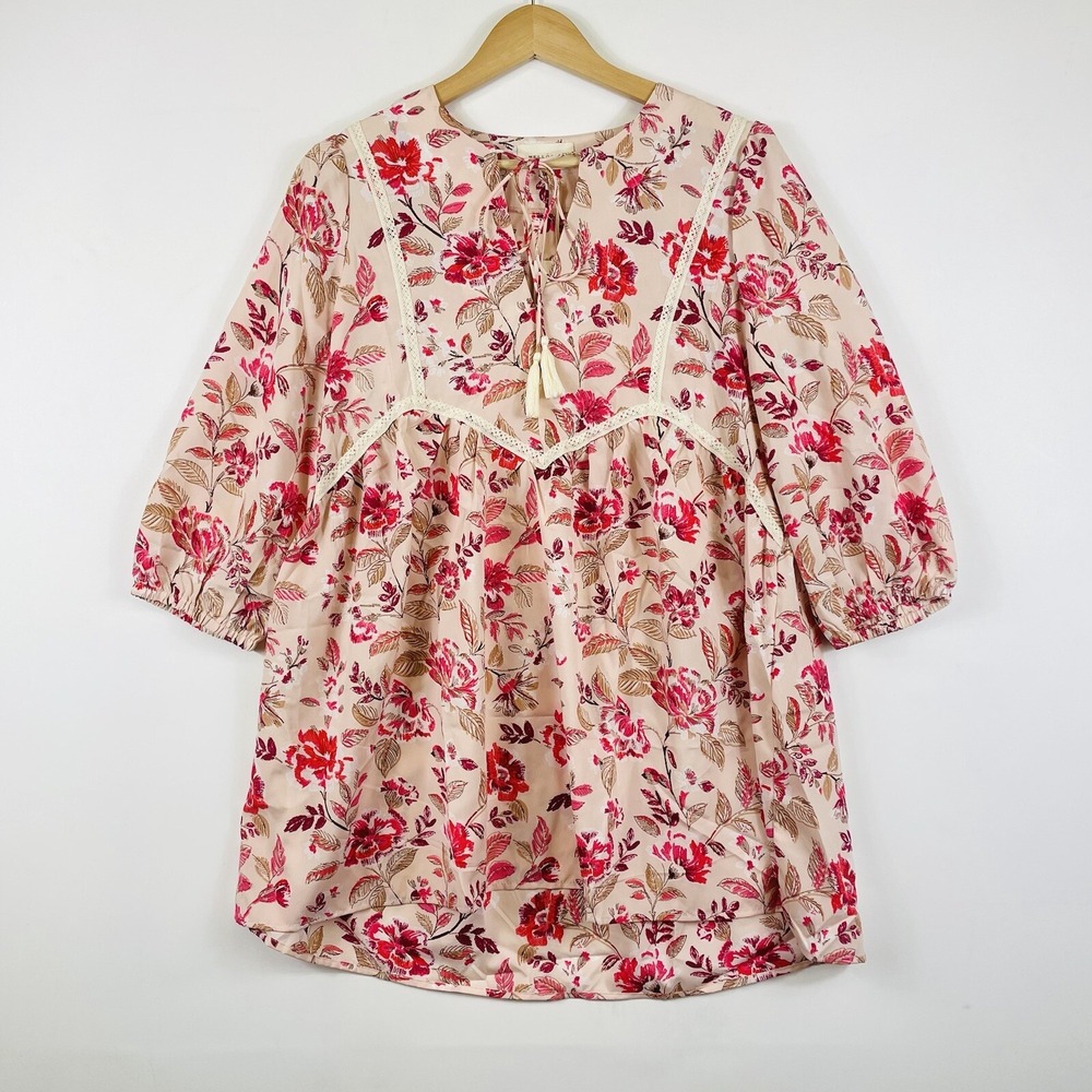 NEW Melloday Floral Tunic Top Women Medium Tan Red Boho Lace Peasant Shabby Chic
